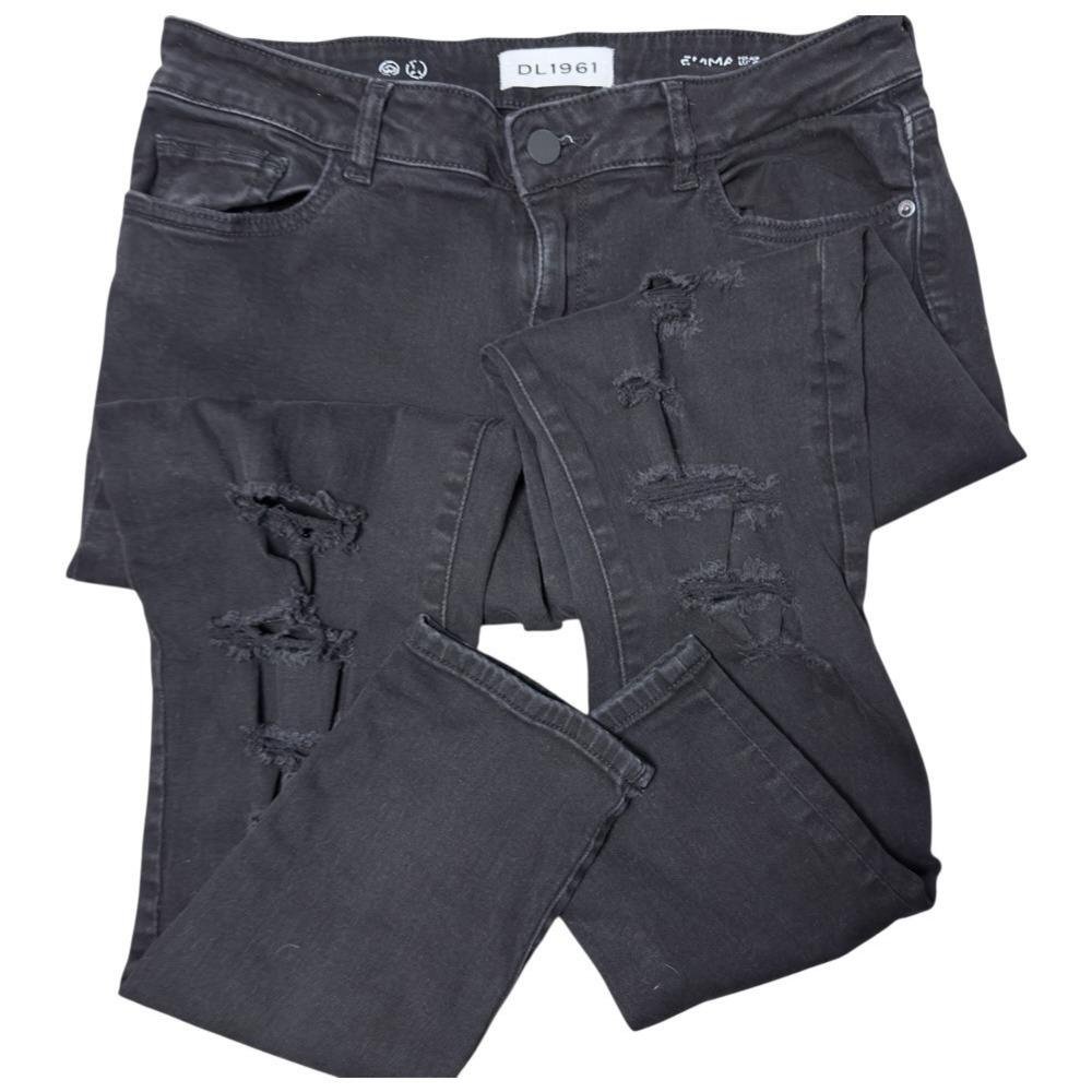 DL1961 Emma Power Jeans Ankle Legging Skinny Distressed Ripped Black Jeans SZ 30